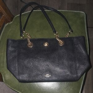 Coach Black Pebbled Leather Tote with Gold Chain Hardware